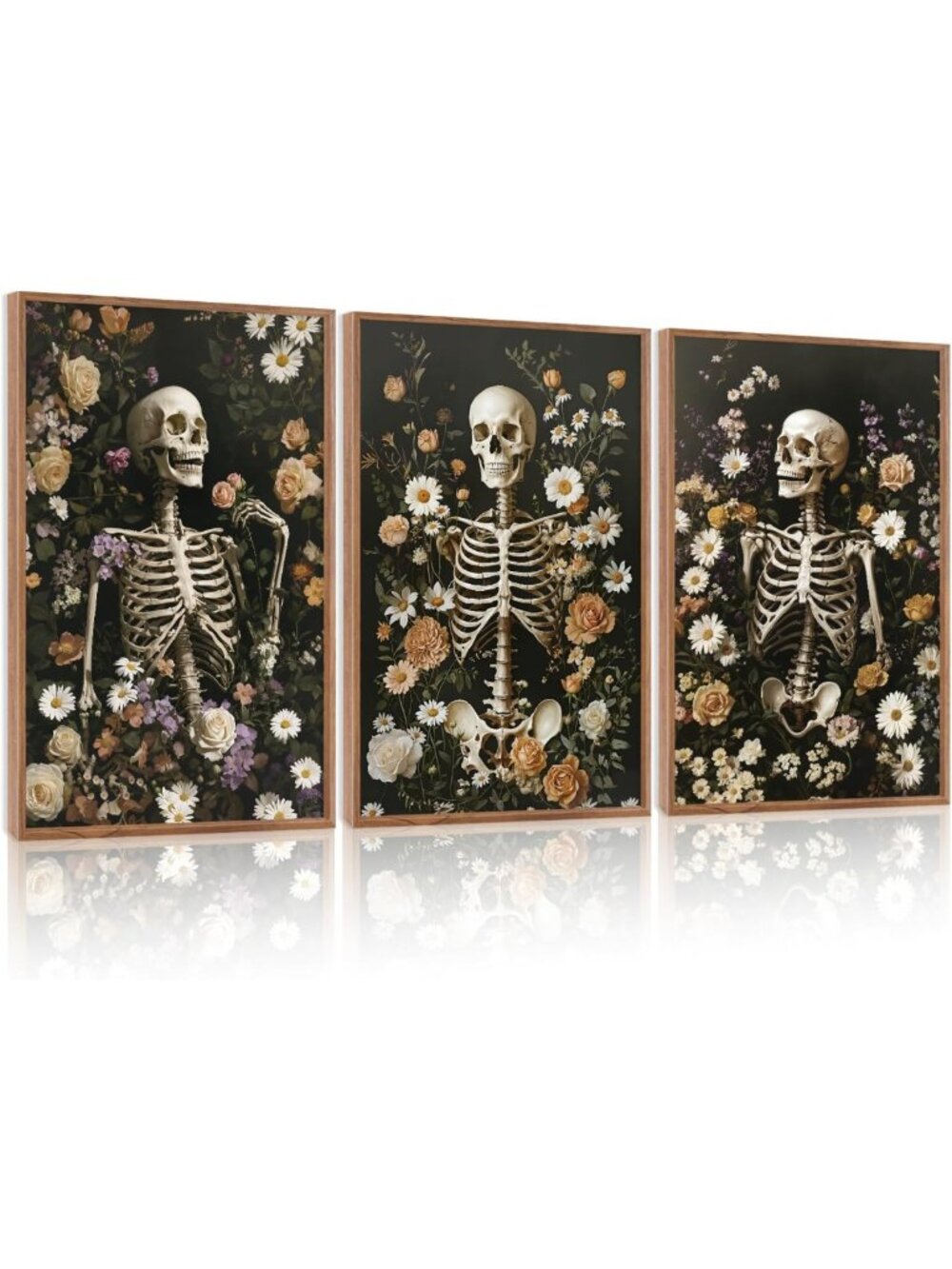Large 16x24 Halloween Skeleton Canvas Art - Vintage Skull & Floral Wall Decor